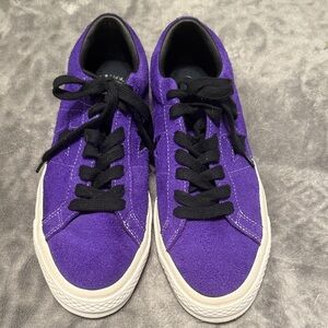 Converse One Star Purple Suede Sneakers with Black laces.